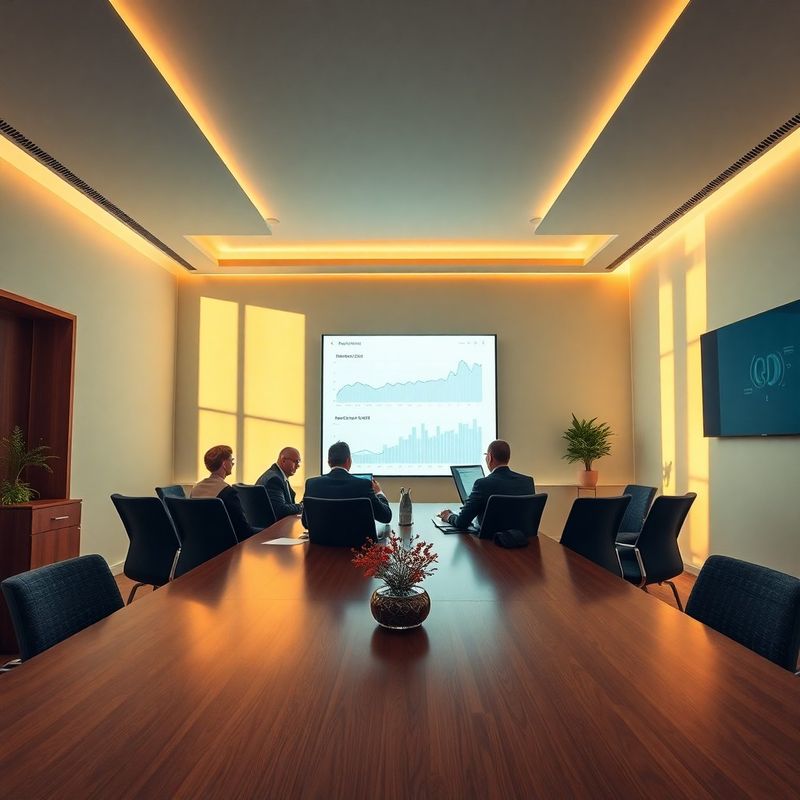 Sală de consiliu corporativă cu echipă analizând rapoarte financiare